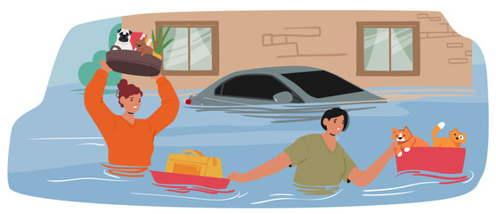 Civilians Wade Through Deep Floodwaters, Saving Pets And Essential Belongings. People Protect Their Loved Ones