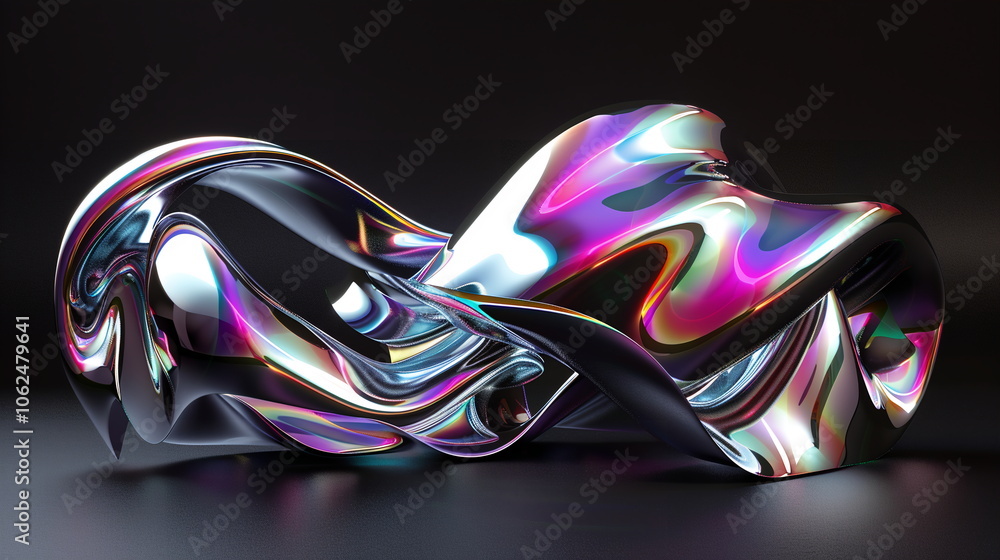 Poster 3d render of abstract futuristic glossy chrome curved shape with colorful reflections on black backg