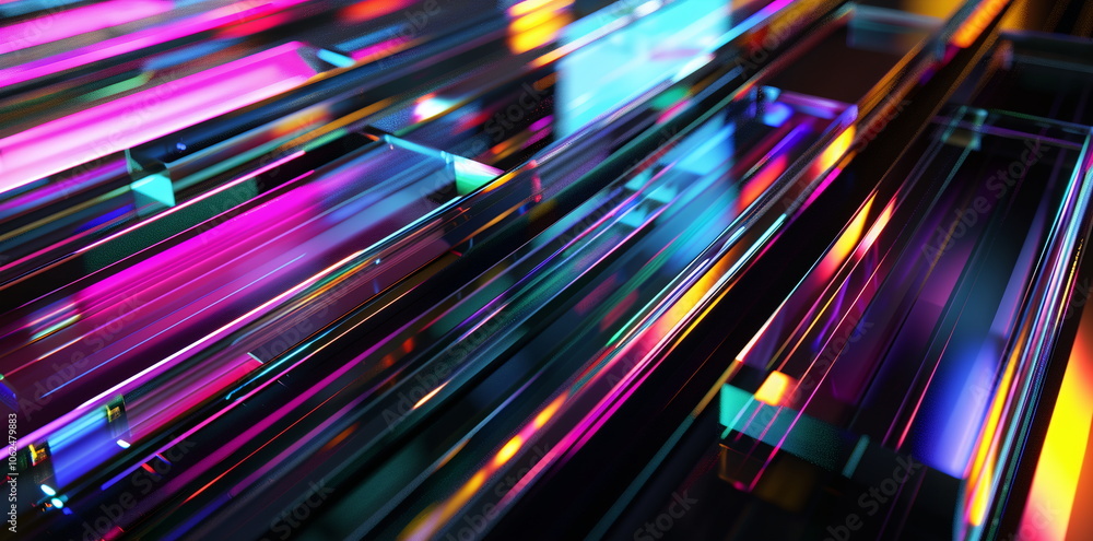 Poster 3d render of an abstract futuristic background with a holographic glass texture and colorful metal b