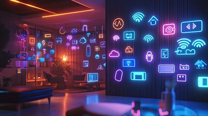 Photo of a digital interface displaying smart home technology, represented by colorful neon icons of wireless signals.
