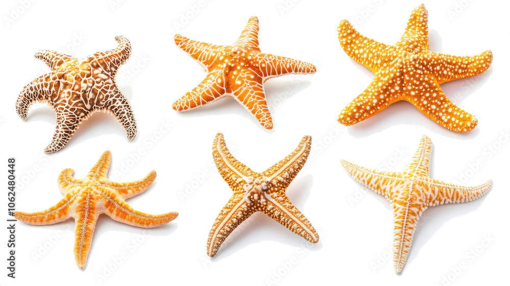Poster varied collection of starfish featuring various patterns and colors generative ai