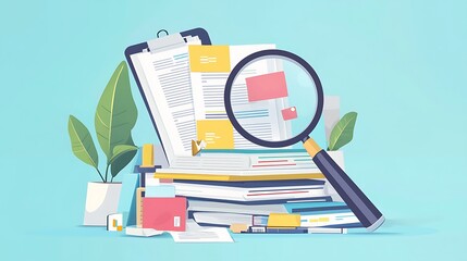 Another stack of report documents with a magnifying glass, representing analysis.