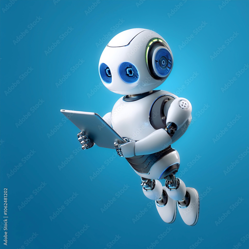 Aufkleber ai robot using tablet floating or flying isolated on light blue background