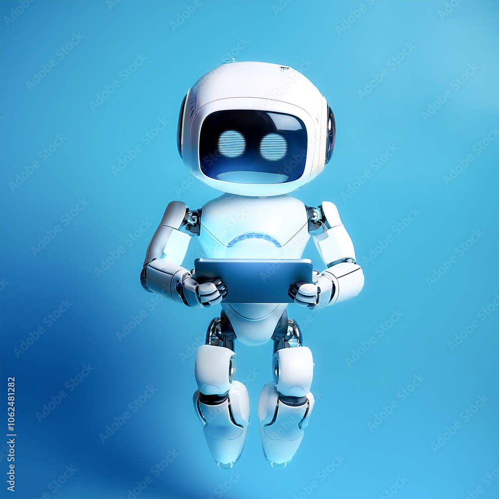 Aufkleber ai robot using tablet floating or flying isolated on light blue background