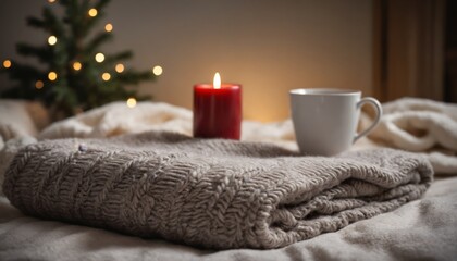 Cozy winter evening with soft blanket, candlelight, and a warm cup in a tranquil indoor setting