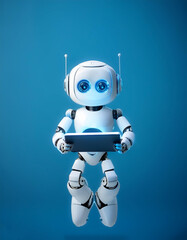 Fototapeta premium AI Robot using tablet floating or flying isolated on light blue background