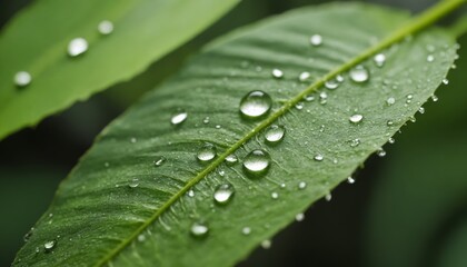 Shimmering droplets adorn a lush green leaf after a refreshing rain shower in a tranquil garden setting at dawn