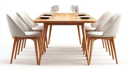 Sophisticated dining table set, smooth wooden table surface with comfortable fabric chairs, arranged in a modern layout, isolated on white background