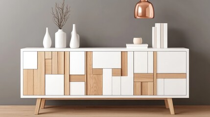 This entrance hall features a stylish sideboard, white wooden door, and copper pendant light, showcasing a modern Scandinavian aesthetic