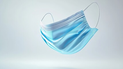 Light blue face mask, hanging in mid-air, high-detail fabric folds and stitching, medical isolation on bright white background