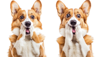 Surprised Dogs Cover Mouths With Paws on Clear Backdrop Generative AI