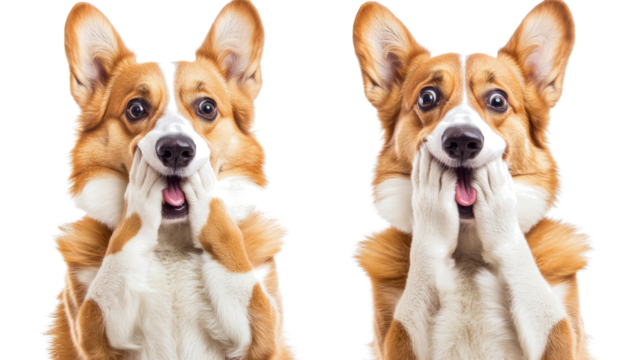 Surprised Dogs Cover Mouths With Paws on Clear Backdrop Generative AI