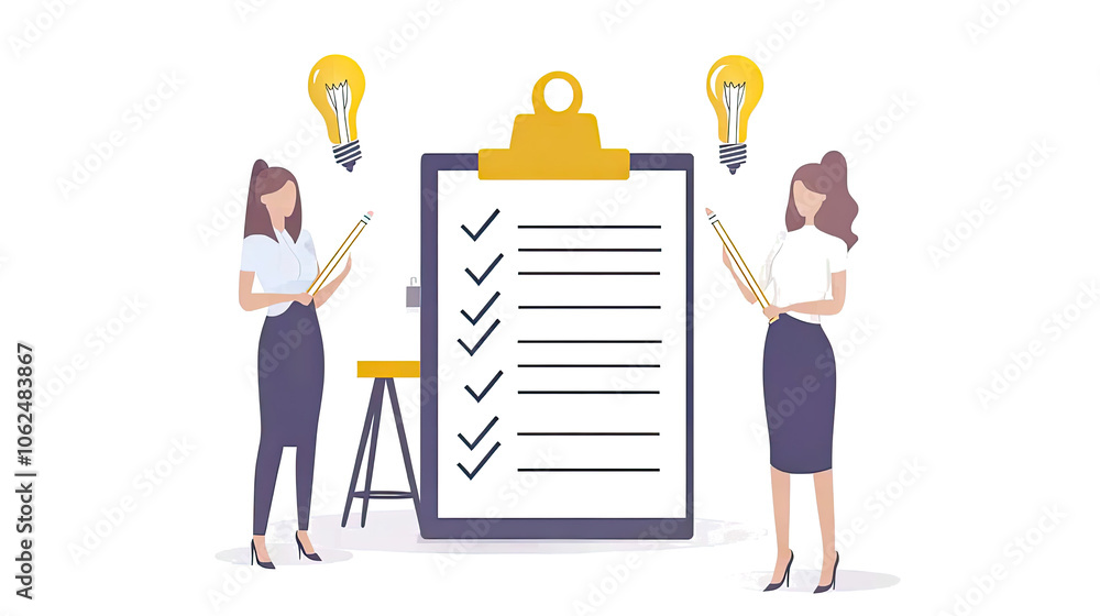 Poster two professionals reviewing completed checklist forms with lightbulbs generative ai