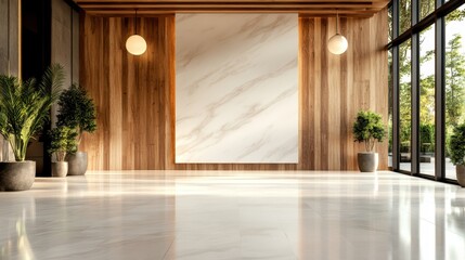 A minimalist space featuring sleek marble finishes, large windows allowing abundant natural light, and lush green plants, exuding an air of tranquility and modernity.