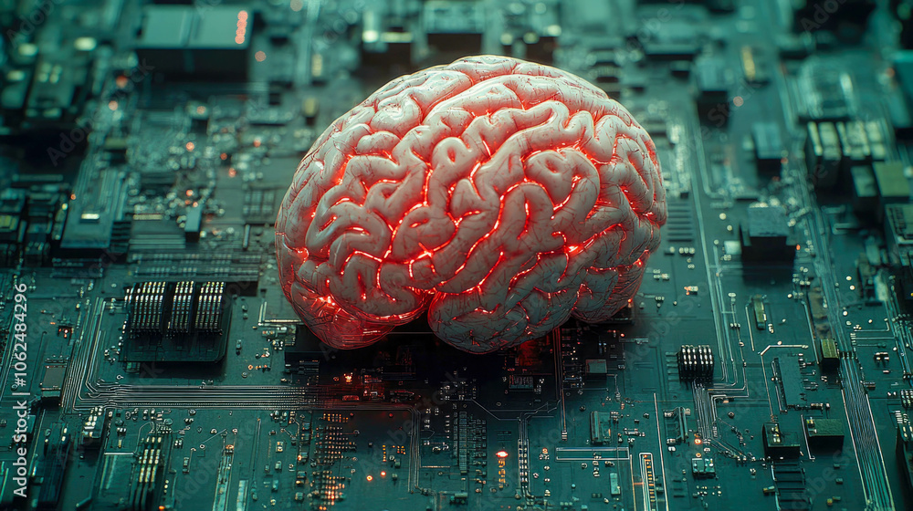Poster digital brain illuminated on a circuit board, symbolizing artificial intelligence and technological 