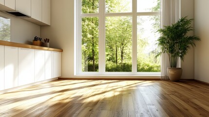 A vibrant kitchen filled with natural light pouring through expansive windows, revealing a scenic view of greenery and enhancing the warm, inviting atmosphere inside.