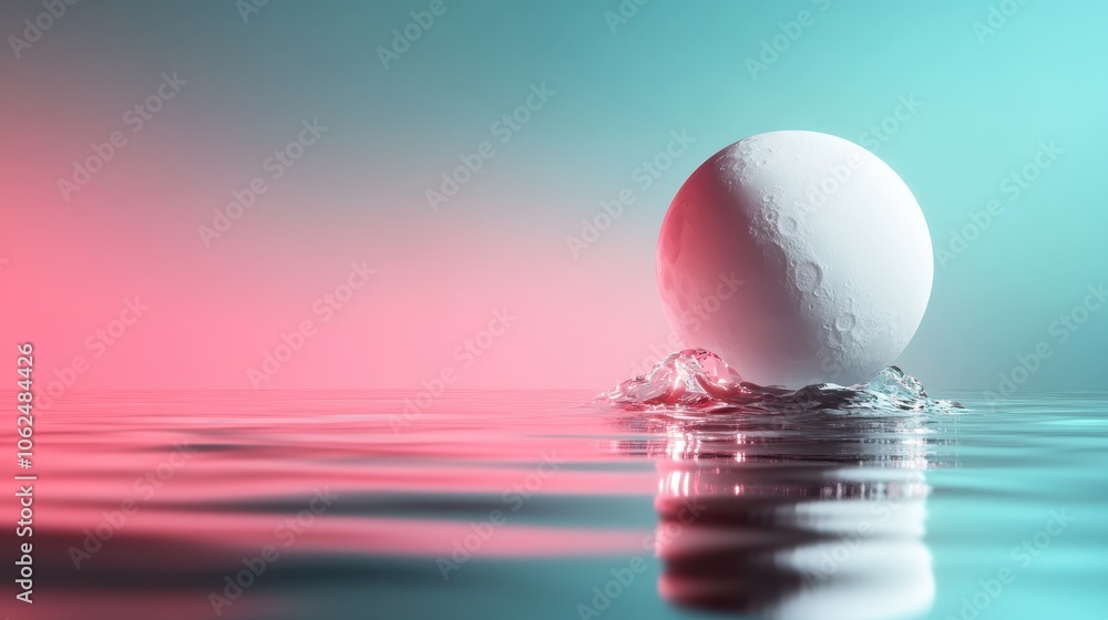 Poster a surreal image of a moon-like sphere floating on rippling water, bathed in a captivating blend of p