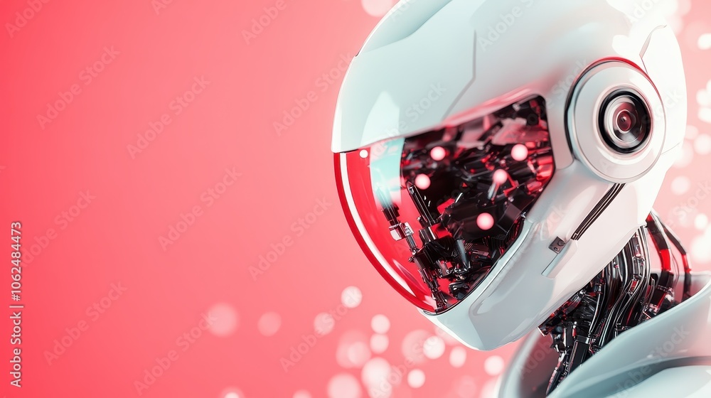 Poster this image depicts a state-of-the-art robot with a clear red visor, integrating futuristic design an