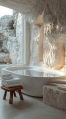A luxurious soaking tub with a serene atmosphere.