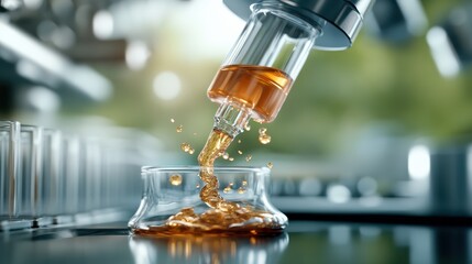 Laboratory equipment pouring an orange liquid into a scientific glassware, capturing the essence of innovation, research, and scientific discovery.