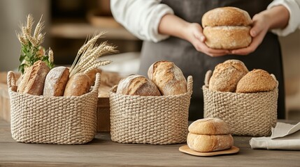 Artisan baker showcasing a variety of freshly baked bread in rustic baskets. A skilled baker presents an assortment of warm bread loaves in woven baskets.