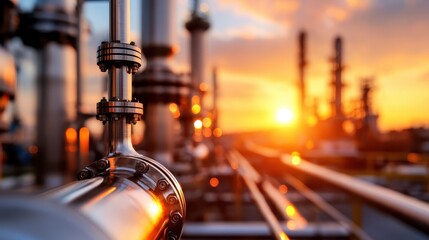Metal industrial pipes dominate the forefront as a glowing sunset bathes the horizon behind in rich oranges, symbolizing progress and the beauty of engineering.