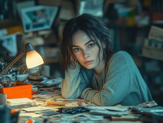 Fototapeta premium Woman reflecting at a cluttered desk.