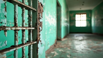 A long hallway with peeling turquoise paint and rusting metal bars offers a haunting and atmospheric glimpse into forgotten architecture of the past.