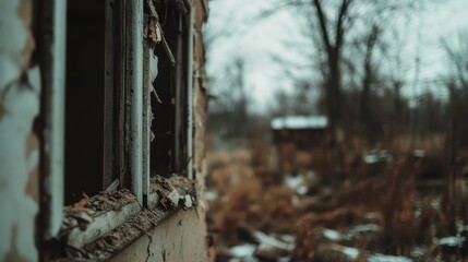 An abandoned structure with a decaying window, offering a view of a neglected rural landscape with bare trees, conveying a feeling of desolation and timeless decay.