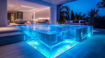 Fototapeta premium Modern indoor pool with cobalt blue water, artistic lighting above, glass floor panels, a luxurious lounge area on the side, high-tech clean design