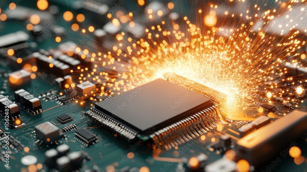 Poster a dynamic image featuring a microprocessor with an explosion of vibrant light, exemplifying the ener