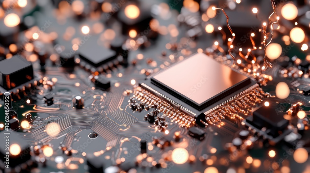 Poster a close-up of a circuit board featuring a central chip with vibrant sparks and glowing patterns, sym
