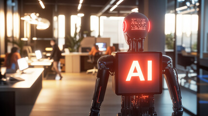 AI Robot Working in Modern Office Environment, Artificial Intelligence Humanoid Robots Replacing Humans in The Workforce