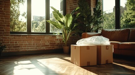 A cozy living room features potted plants, a leather sofa, and cardboard boxes, with sunlight streaming in through large windows illuminating the space beautifully.