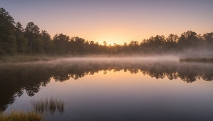 Obraz premium Ethereal sunrise over tranquil waters reflecting misty pines in a serene forest landscape at dawn
