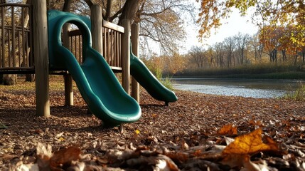 Two green slides overlooking a tranquil river surrounded by autumn leaves, evoking feelings of peace and nostalgia, ideal for family-friendly content.