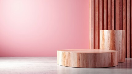 A minimalist modern space features pink walls and cylindrical wooden structures, emphasizing geometric design, warm textures, and serene ambiance.