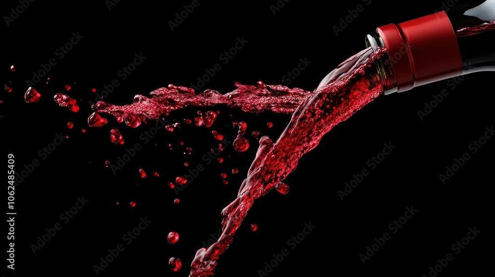 Poster a dynamic splash captured as red wine spills energetically from a bottle against a black background,