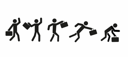 Naklejka premium pictogram of a human figure, stick man with a briefcase in different poses, flat illustration