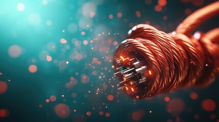 A detailed close-up of intertwined copper cables emitting bright sparks and glowing light effects in a vibrant, futuristic abstract setting.