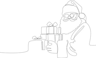Outlined Cute Santa Claus Cartoon Character With A Sack Full Of Gifts. Vector Hand Drawn Illustration. One continuous line drawing Santa Claus on reindeer and sled. concept for Christmas and New Year