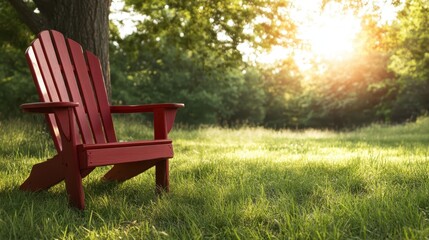 Fototapeta premium A solitary red wooden chair is placed under a tree in a sunlit garden, its vibrant color stands out against the lush green grass, inviting and serene ambiance.