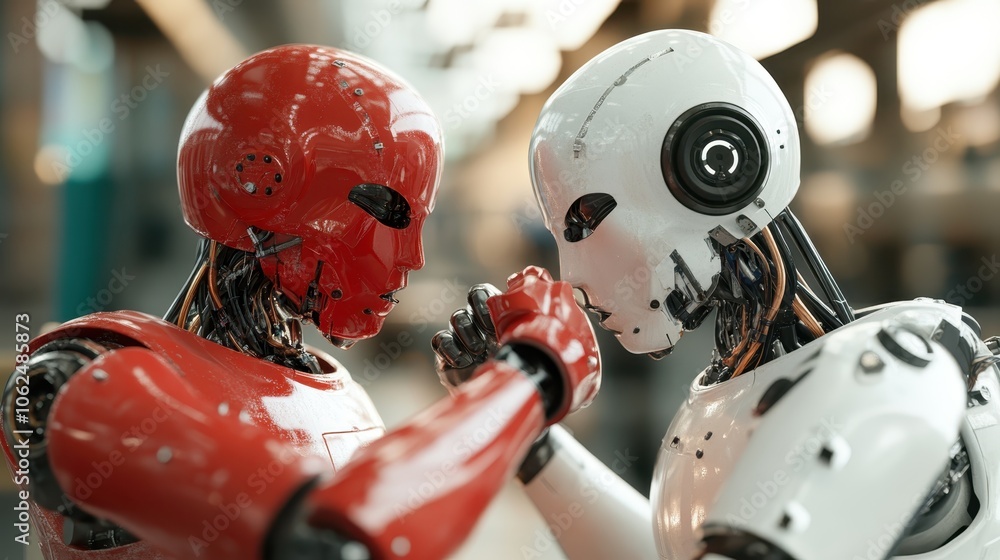 Poster two robots confronted in a moment of competitive tension, with contrasting red and white designs, sy