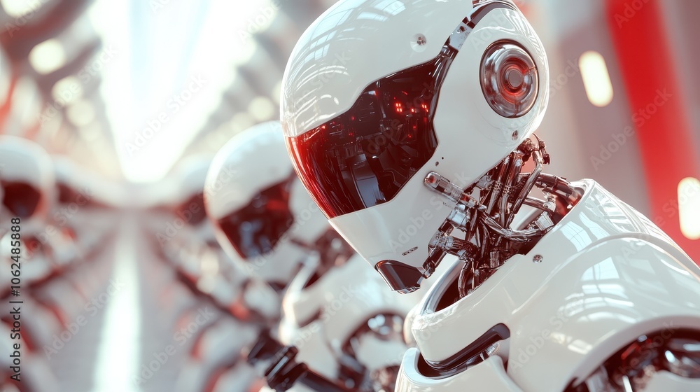 Poster a futuristic lineup of robots, shown in precise mechanical formation, symbolizing order, technology 