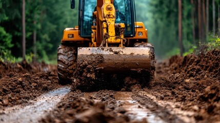 A large yellow construction vehicle, captured in action, diligently digs through dense mud in a forest setting, emphasizing strength, effort, and industrial progress.