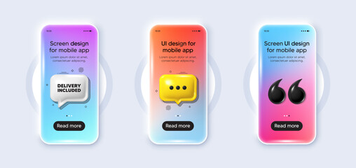 Phone 3d mockup gradient screen. Delivery included tag. Free shipping sign. Special offer symbol. Delivery included phone mockup message. 3d chat speech bubble. Yellow text box app. Vector