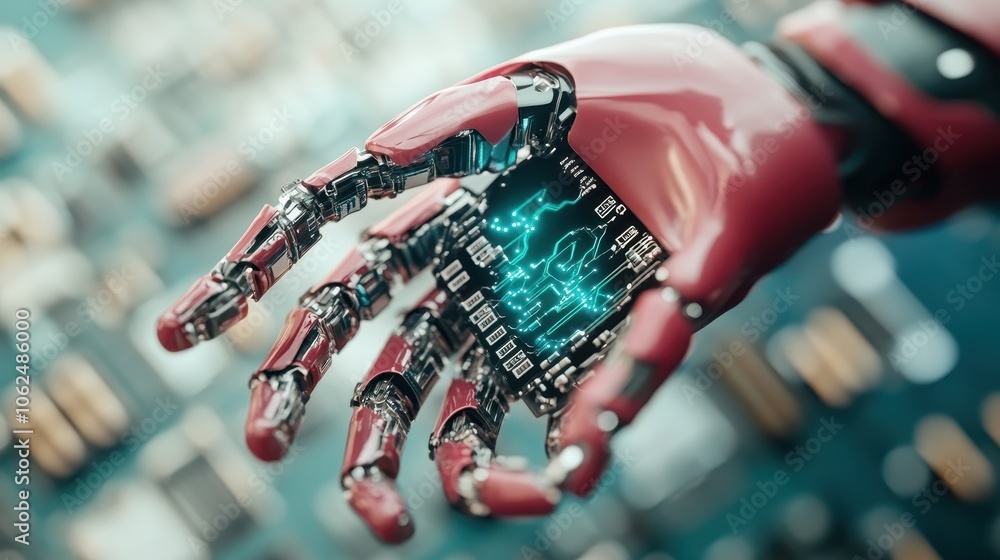 Poster this image showcases a red robotic hand with embedded circuitry, symbolizing the fusion of vibrant d