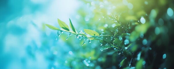 Branche verte avec gouttes de rosée sur fond turquoise bokeh.