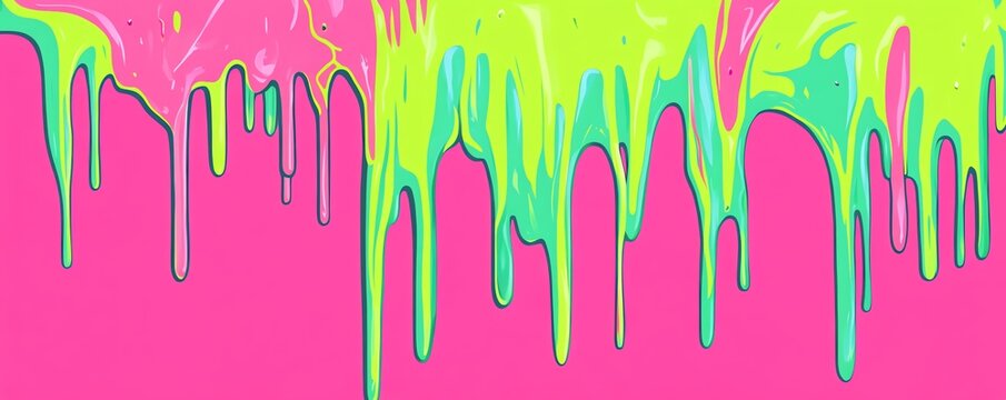 Peinture d&eacute;goulinante en vert fluo et rose sur fond uni.