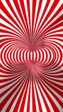 Vertical Candy Cane Red and White Donut 4K Loop features an abstract hypnotic animation with red and white striped lines with a handle shape in the center in a loop.